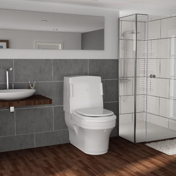 Automatic Toilet in large grey tiled bathroom with walk in shower.